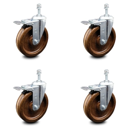 Service Caster 5 Inch High Temp Phenolic Swivel 3/8 Inch Stem Caster Set with Total Lock Brake SCC-TSTTL20S514-PHRHT-381615-4